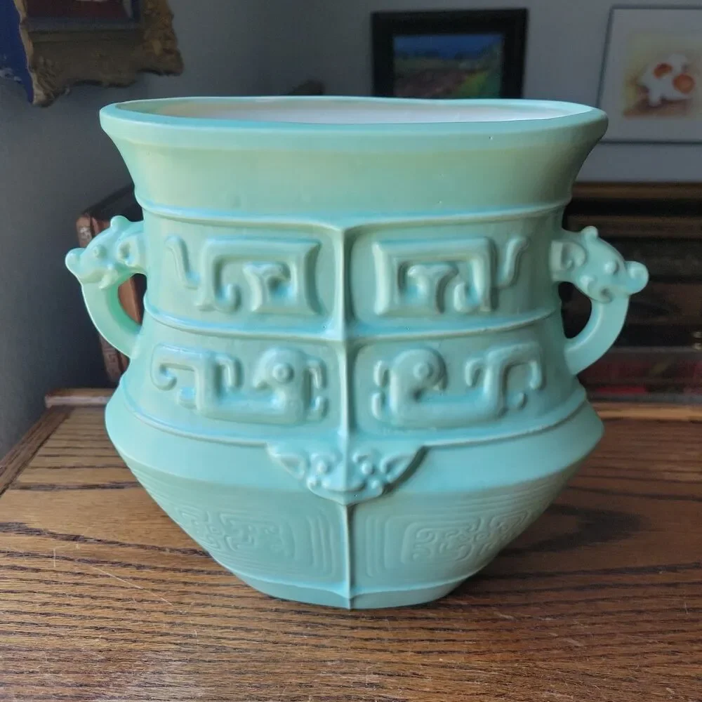 Vtg Studio Art Pottery Urn Vase Dragon Handled Mayan Motif Signed Meryl RARE MCM